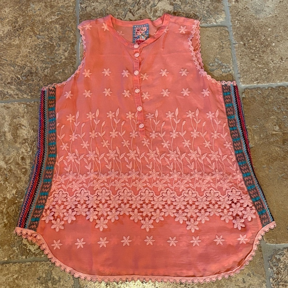 Johnny Was Women Malin Coral Floral Embroidered Boho Tank Top Size Small